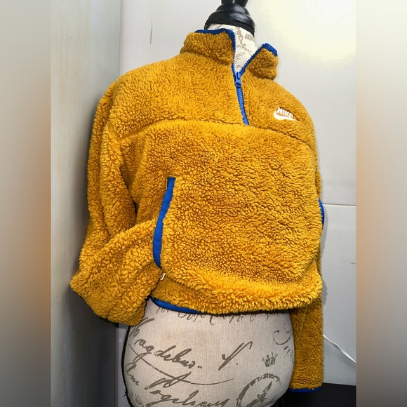 Nike Crop Cropped Sherpa Fleece Brown Orange 1/4 Zip Pullover Sweatshirt Medium - Picture 5 of 10